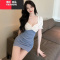 YIBUSHENG小个子夜场上班工作服显身材褶皱紧身连衣裙女撞色低胸性感包臀裙
