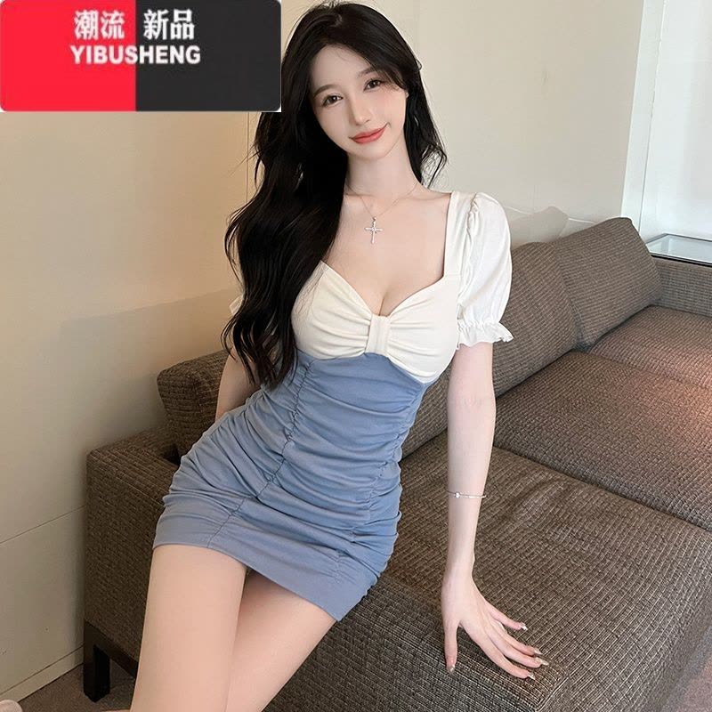 YIBUSHENG小个子夜场上班工作服显身材褶皱紧身连衣裙女撞色低胸性感包臀裙图片