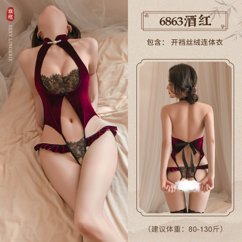 霏慕连体衣丝绒拼蕾丝开裆连体旗袍情趣内衣午夜魅力性感制服女式情趣睡衣女士衣服成人用品6863 6863酒红【开裆丝绒连体衣】 均码