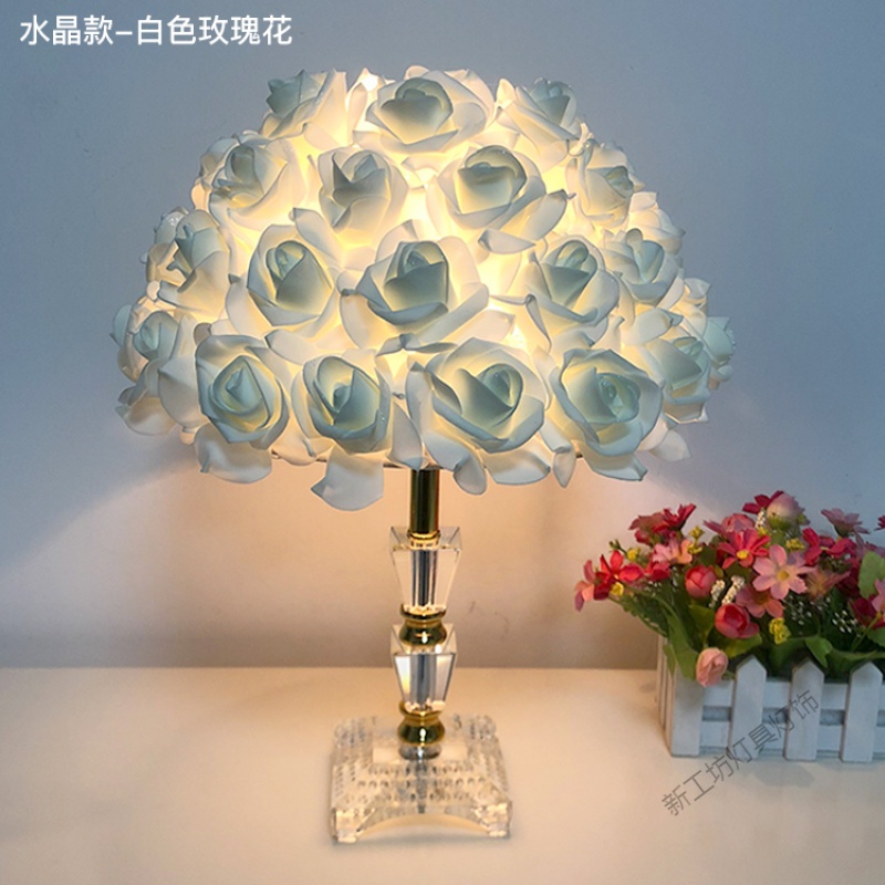 苏宁放心购 水晶台灯创意婚庆婚房红色陪嫁卧室床头灯台灯欧式玫瑰花结婚 水晶款-白色玫瑰花(暖光)按钮开关