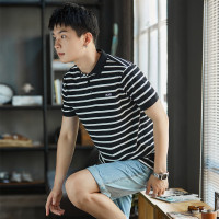 [1.5折价48元]唐狮男士polo衫短袖男polo前胸绣花条纹小翻领短袖polo衫