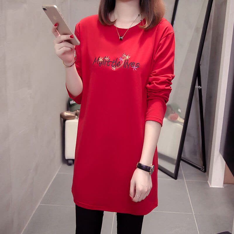 迪鲁奥(DILUAO)孕妇长袖春秋季孕妇装宽松大码遮肚显瘦中长款长袖上衣时尚圆领休闲绣花怀孕期秋装外穿长衫图片