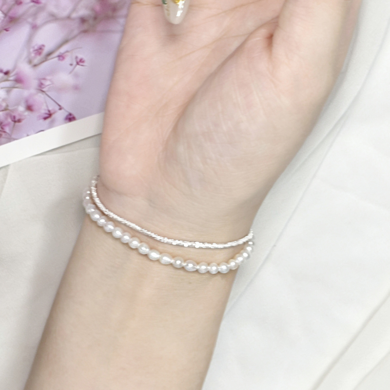 北京黄金 925 银天然淡水珍珠电银闪花双层手链 轻奢气质百搭银饰手饰高清大图