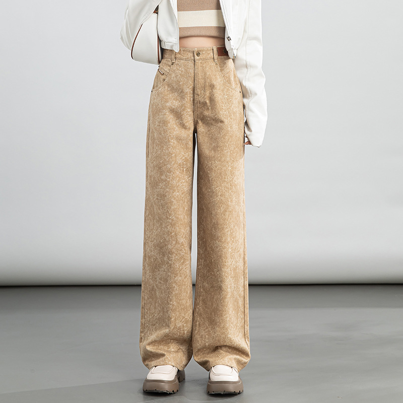 2025年春季冷转移面料牛仔裤女宽松高腰垂感阔腿拖地长裤
