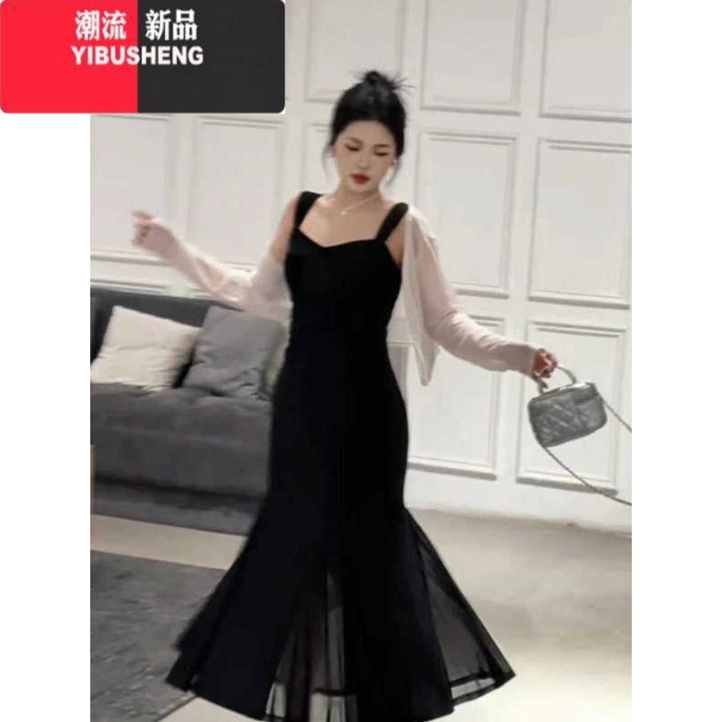 YIBUSHENG大码女装季气质收腰遮肉显瘦方领连衣裙法式小黑吊带裙防晒开衫 黑色连衣裙单件收藏加购送运费险 S建议80-90