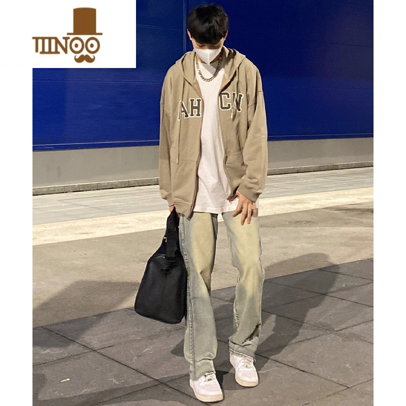 YANXU美式高街水洗做旧黄泥色牛仔裤男秋季复古vintage修身直筒长裤ins高清大图