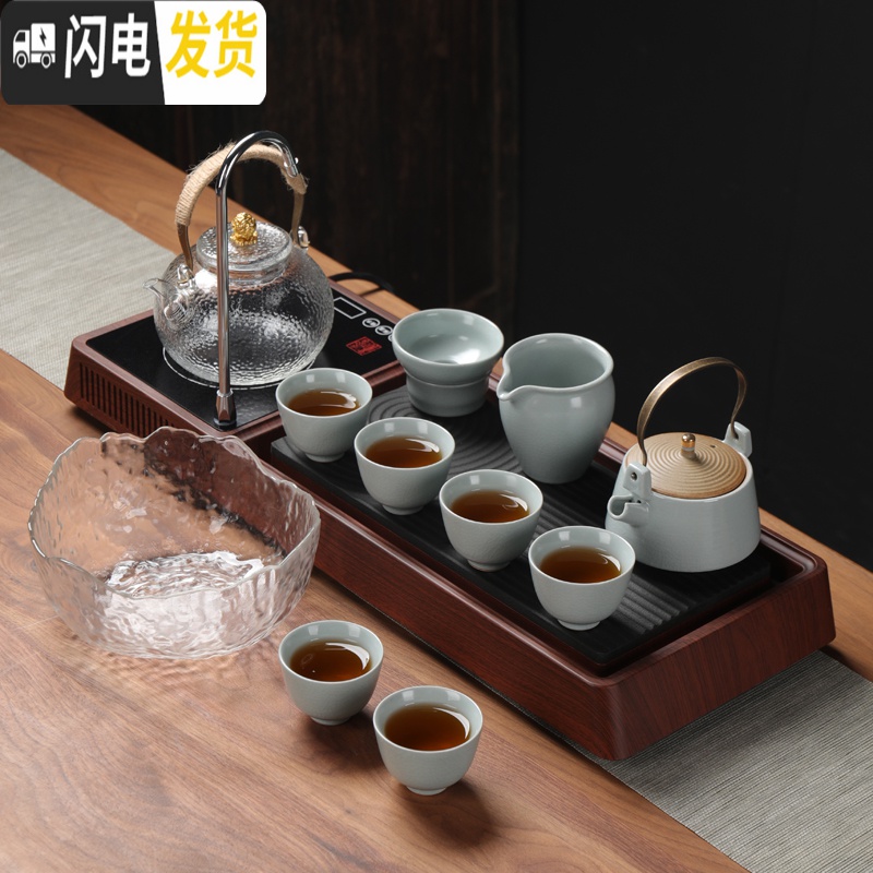 三维工匠日式功夫茶具套装家用茶道泡茶茶台茶盘全自动简约客厅现公室 抽水电陶炉茶盘+玻璃烧水壶+11头玻璃茶具 12件高清大图