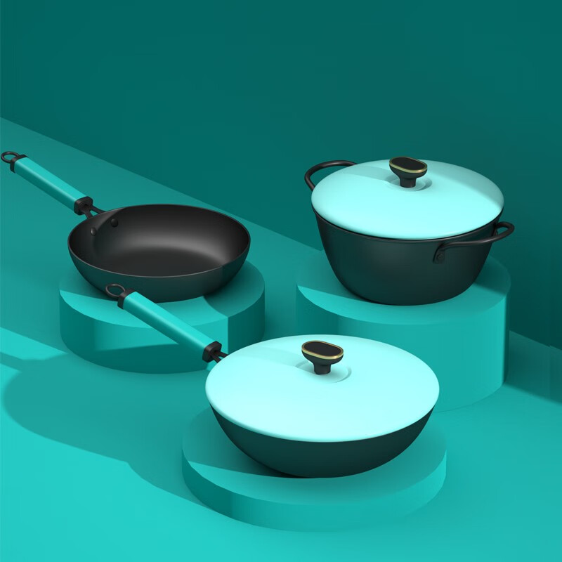 都市太太 DSZTSY302626 铸铁食研2盖3件套 炒锅+煎锅+炖锅(30cm+26cm+26cm) 天蓝色高清大图