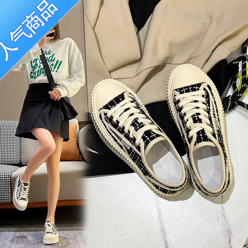 SUNTEK厚底饼干鞋女款小香风鞋子帆布鞋女2023新款女鞋夏季透气百搭板鞋高清大图