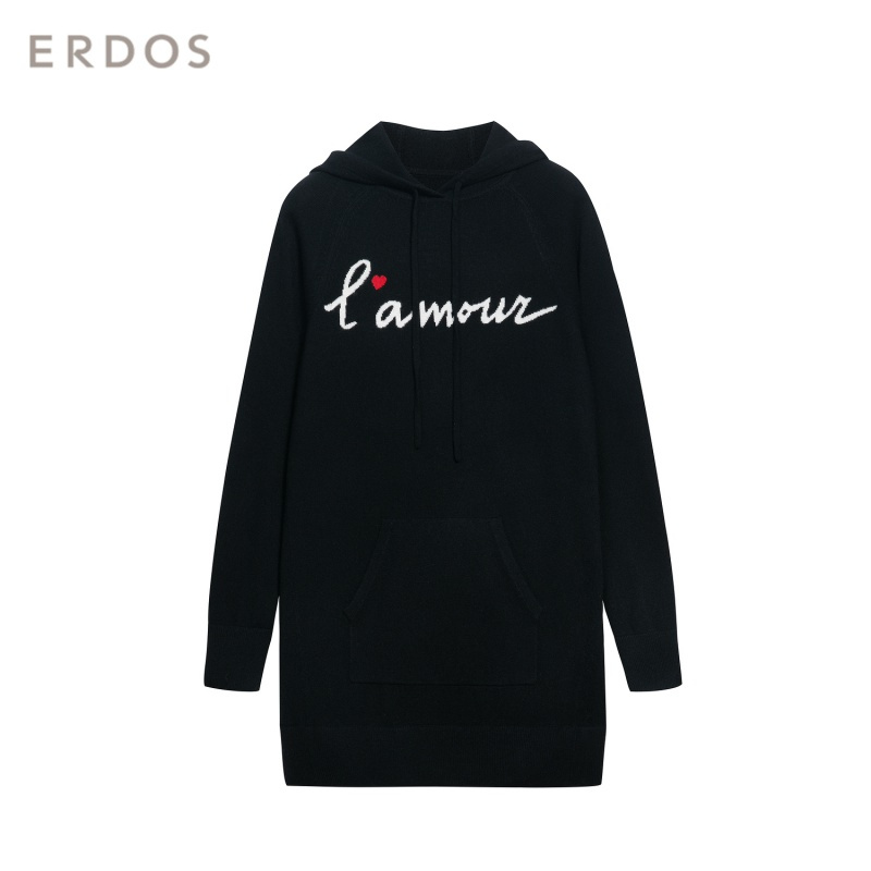 ERDOS 秋冬带帽字母提花女连衣裙时尚百搭羊绒裙
