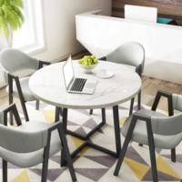 海邦洽谈桌椅组合圆形会议桌接待桌现代简约休闲桌椅一桌四椅 浅棕色皮衣