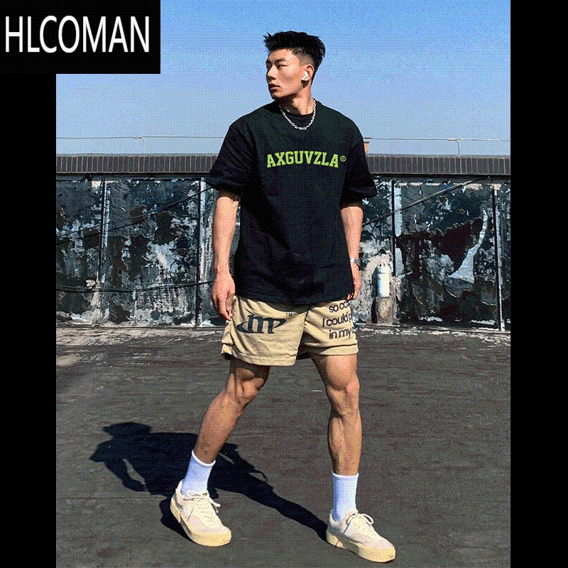 HLCOMAN2024夏季新款复古高街潮牌黑色短袖t恤男美式宽松上衣服