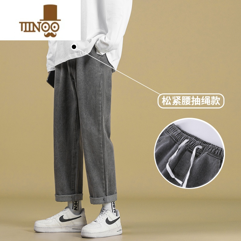 YANXU牛仔裤男潮牌夏季薄款烟灰色直筒宽松阔腿裤子男士高街痞帅九分裤高清大图