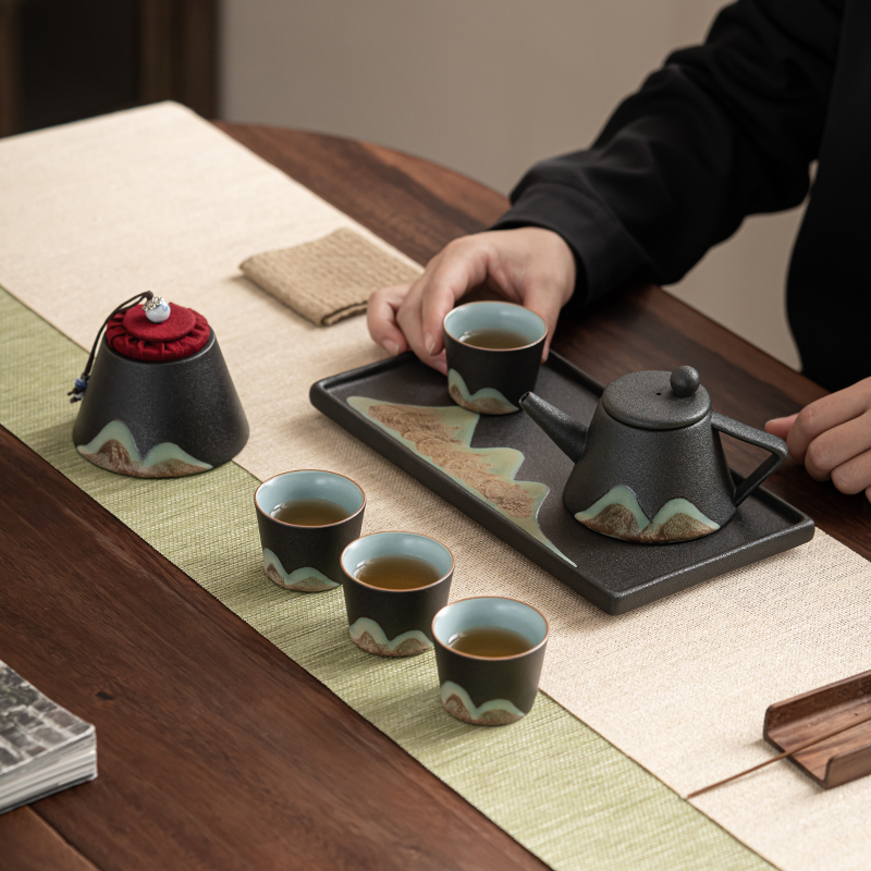 苏氏陶瓷 SUSHI CERAMICS 手绘彩画整套茶具山形画茶壶茶杯子配干泡茶盘小茶叶罐7件功夫茶具套装礼盒装