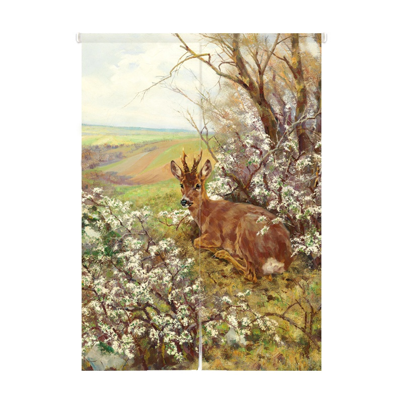 美帮汇个性北欧帘布艺隔断帘卧室定制卫生间免打孔油画半帘短帘布帘子 麋鹿 宽100X高200对开式（送伸缩杆）