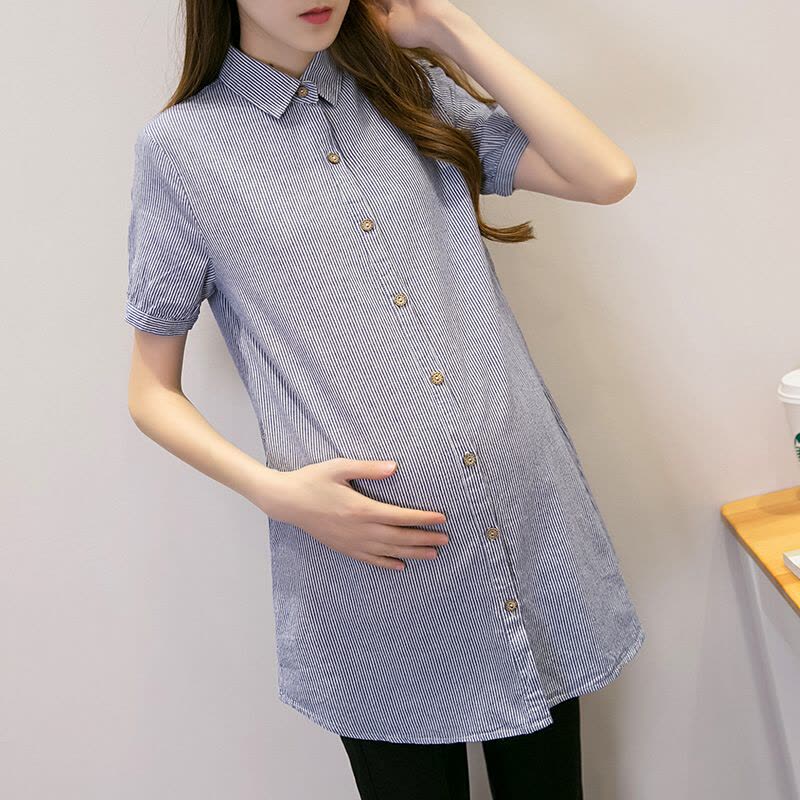 迪鲁奥(DILUAO)外穿条纹职业孕妇衬衫中长款翻领衬衣打底上衣2021秋装孕妇装 蓝条纹-长袖图片