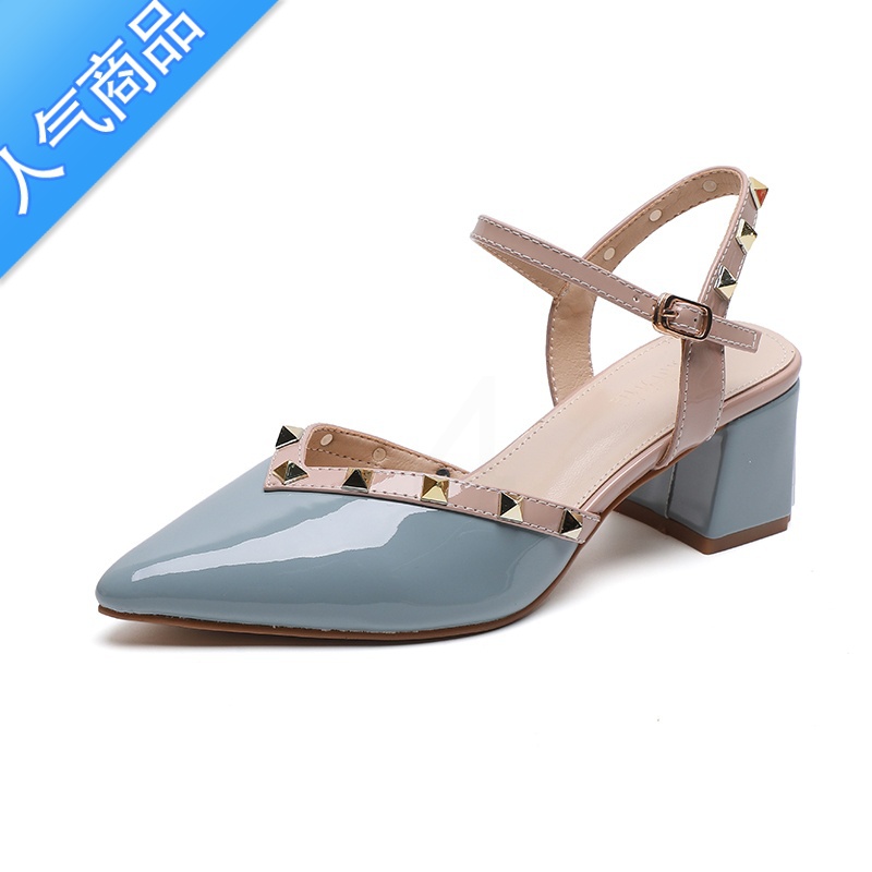 SUNTEK2023年春季新款铆钉单鞋仙女尖头中粗跟百搭晚晚鞋包头凉鞋女高年高清大图