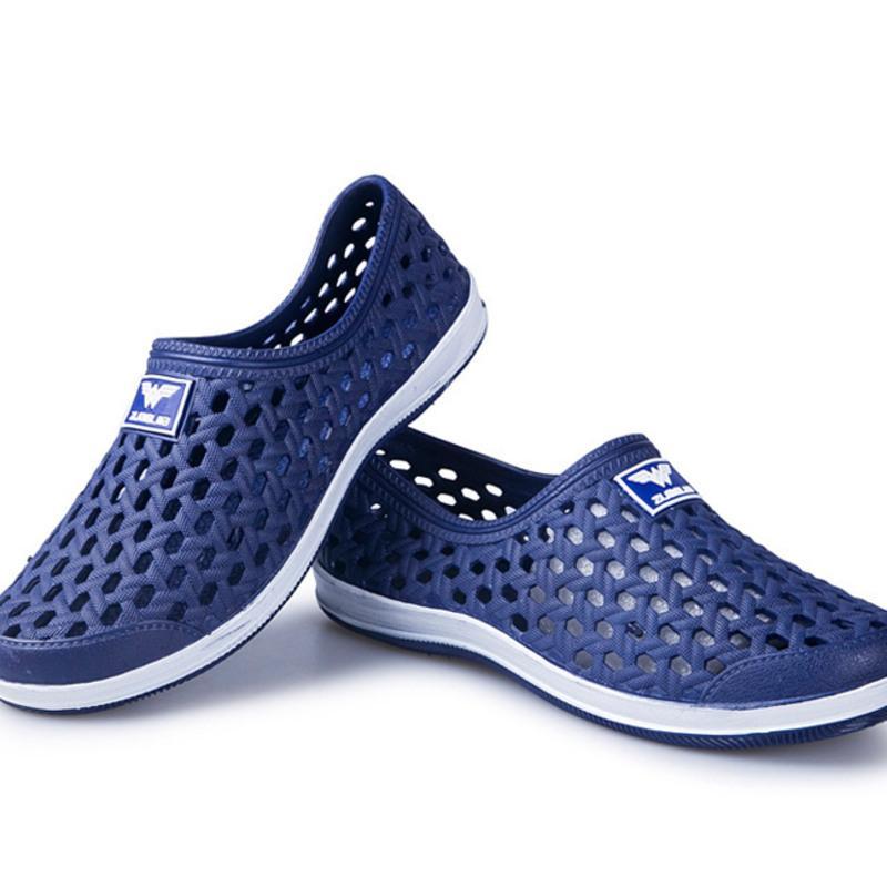 男士凉鞋塑料洞洞鞋男有跟一体包头夏天鞋镂空透气防滑沙滩涉水鞋蓝色
