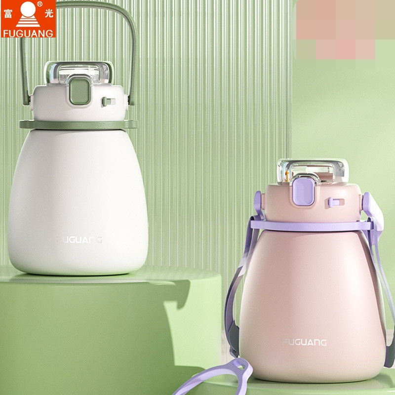 1000清欣弹盖真空保温杯316l不锈钢网红大肚杯带吸管背带户外水杯