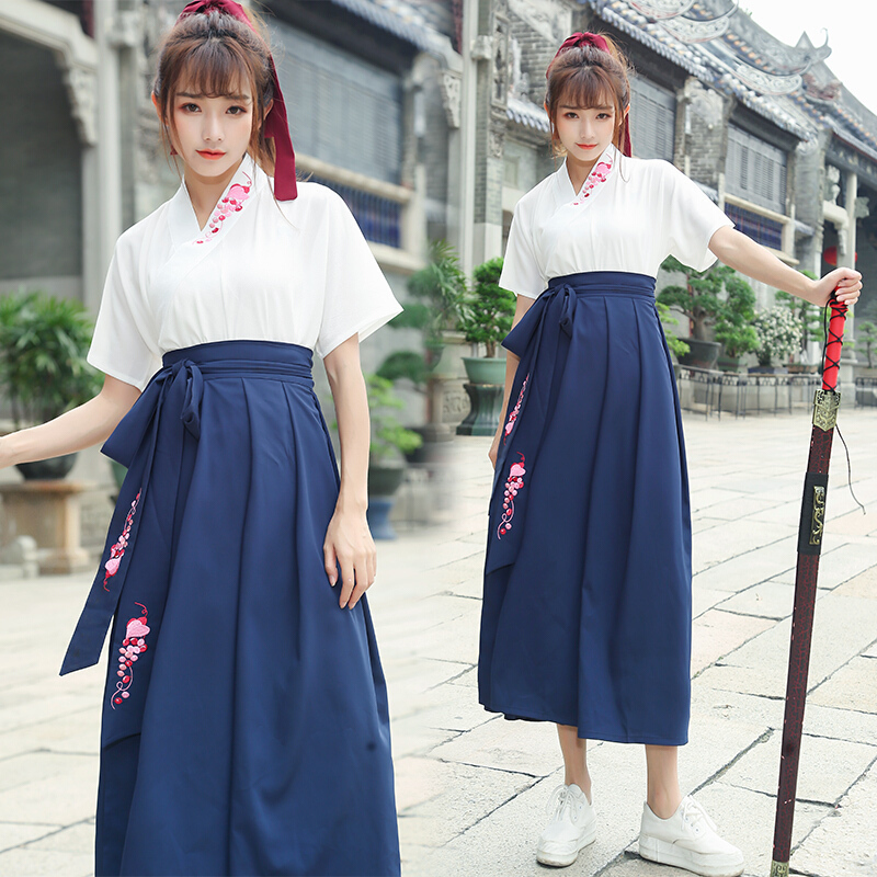 改良汉服女夏装中国风学生套装古代衣服古装女交领上衣日常短裙子yy