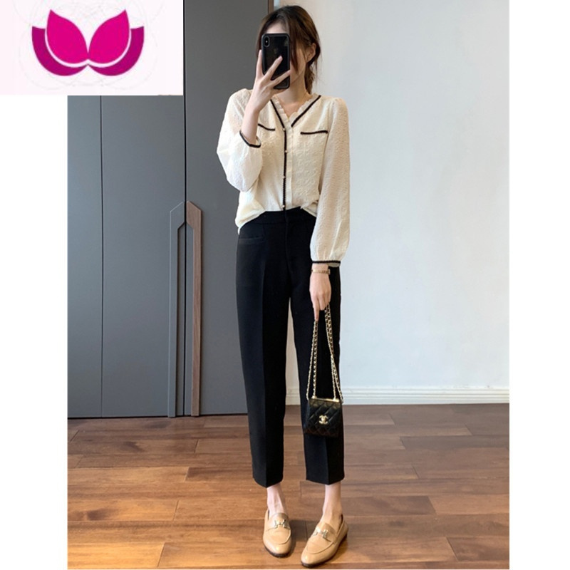 七斓早春季套装女新款胖妹妹显瘦穿搭上衣衬衫小香风遮肉套阔腿裤
