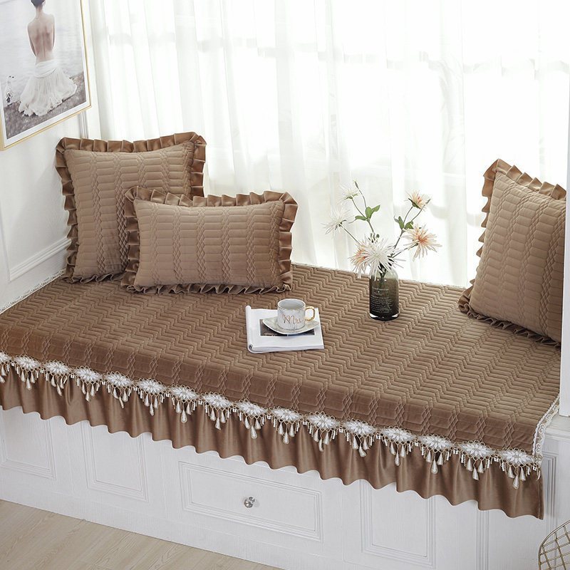 汐岩窗户榻榻米飘窗垫窗台垫欧式阳台飘窗垫可机洗榻榻米垫子飘窗毯 暖光裙摆-棕色90+18*180cm