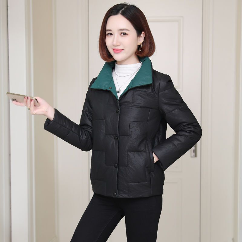 海宁pu皮衣外套女2021秋冬季新款羽绒棉服小个子宽松立领短款棉袄
