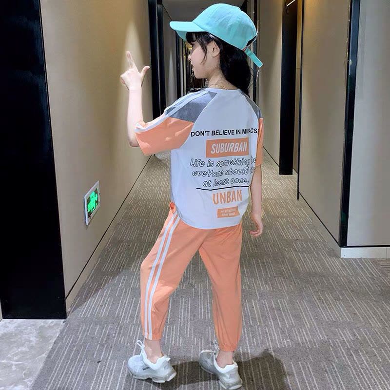 棉女童套装夏装新款韩版中大童洋气休闲时尚短袖运动两件套图片