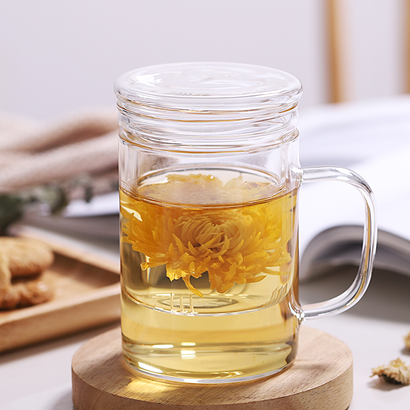 家柏饰(CORATED)玻璃杯带手柄家用办公室泡茶杯便携带盖过滤水杯带把透明花茶杯子 透明色-350ml(送杯刷)高清大图
