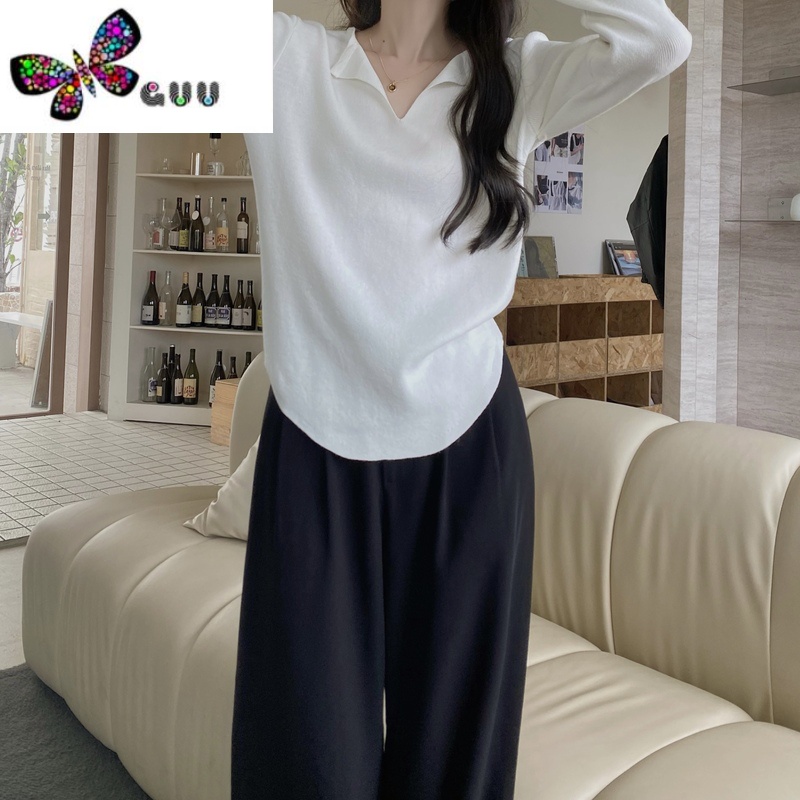 语娄早秋季V领针织衫女设计感小众长袖上衣2023年新款宽松百搭T恤衫潮