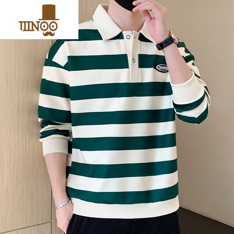 YANXU条纹衫卫衣男士潮牌翻领长袖潮流百搭时尚外套上衣服