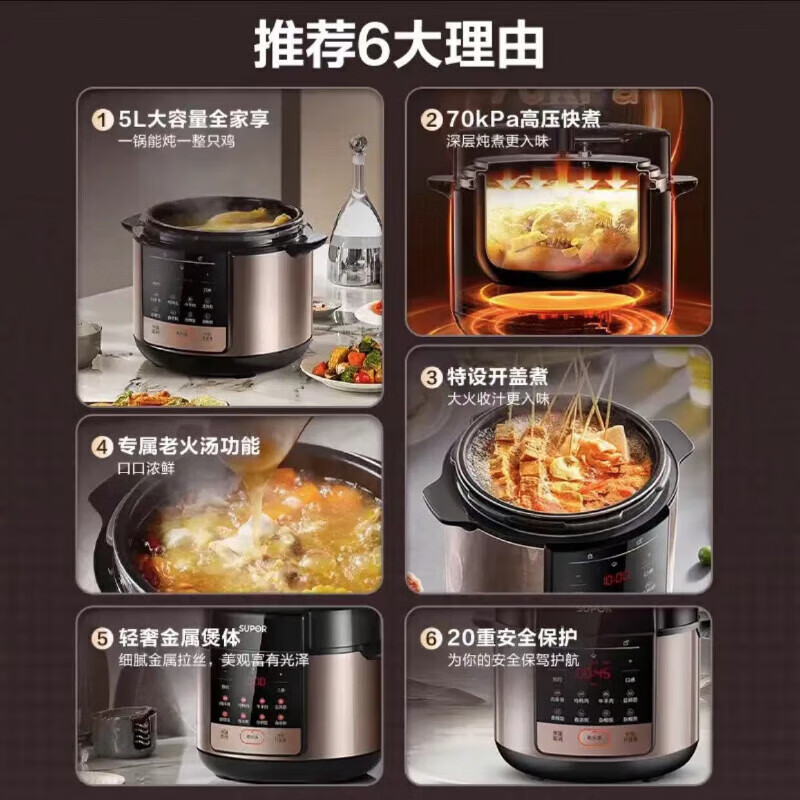 苏泊尔(SUPOR)电压力锅家用全自动高压锅电饭煲一体多功能煮饭煲汤智能预约70KPa高压 SY-50YC5013高清大图