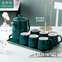 麦可可 北欧轻奢手工描金陶瓷凉水壶耐热茶具简约水具托盘套装水具家用 送礼结婚礼品礼盒(孔雀蓝一壶六杯)