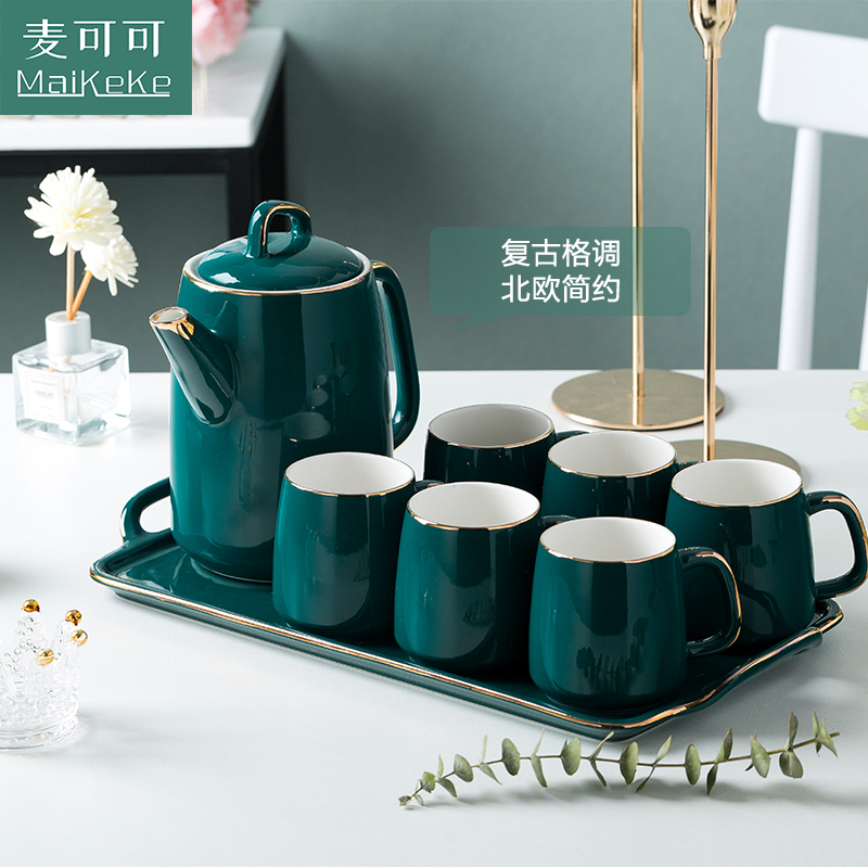 麦可可 北欧轻奢手工描金陶瓷凉水壶耐热茶具简约水具托盘套装水具家用 送礼结婚礼品礼盒(孔雀蓝一壶六杯)