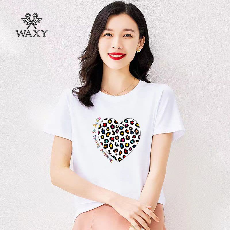 WAXY豹纹爱心印花短袖T恤女春夏新款欧货轻奢圆领纯棉上衣打底衫图片