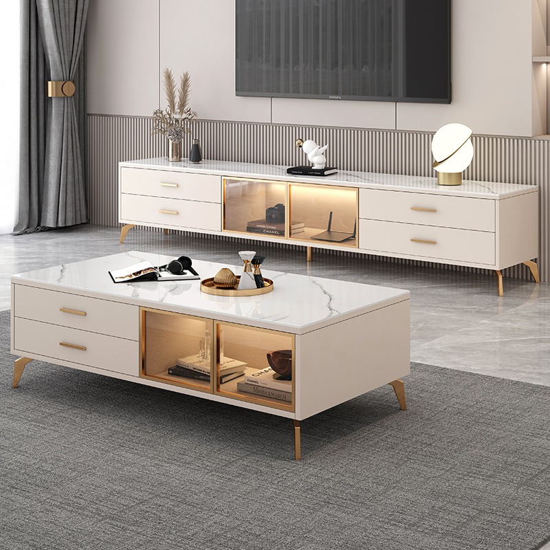 岩板电视柜茶几组合现代简约小户型家用实木客厅轻奢电视机柜地柜18米