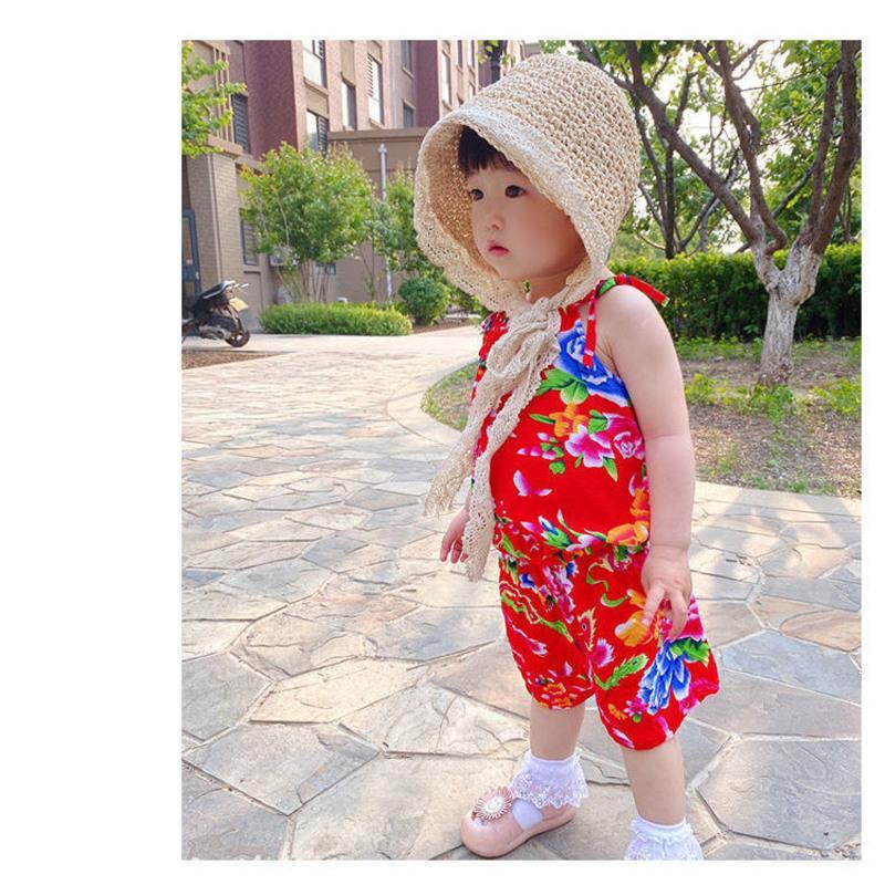儿童东北大花套装婴儿衣服棉绸宝宝吊带民族服装男童女童夏季薄款 橄榄绿 绿牡丹吊带套装 73