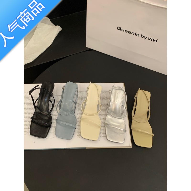 SUNTEK黑色高跟一字带凉鞋女鞋子2023年新款夏季简约气质法式晚风罗马鞋高清大图