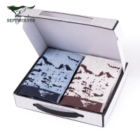 七匹狼(SEPTWOLVES)提花割绒缎挡纯棉毛巾 个性狼头洗脸巾单条净重97g 两条礼盒套装(咖啡色+藏青)34*74