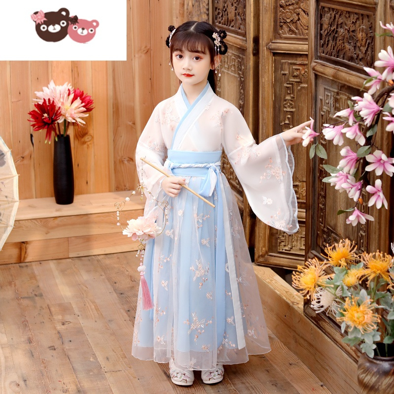 绿彩虹光汉服女童古装中国风连衣裙夏装儿童长袖古风襦裙超仙女孩童装