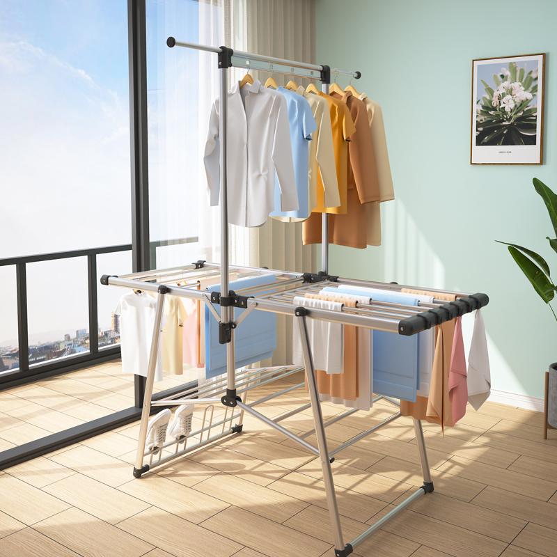 铝合金折叠落地式晾衣架家用多功能阳台伸缩杆飘挂衣杆