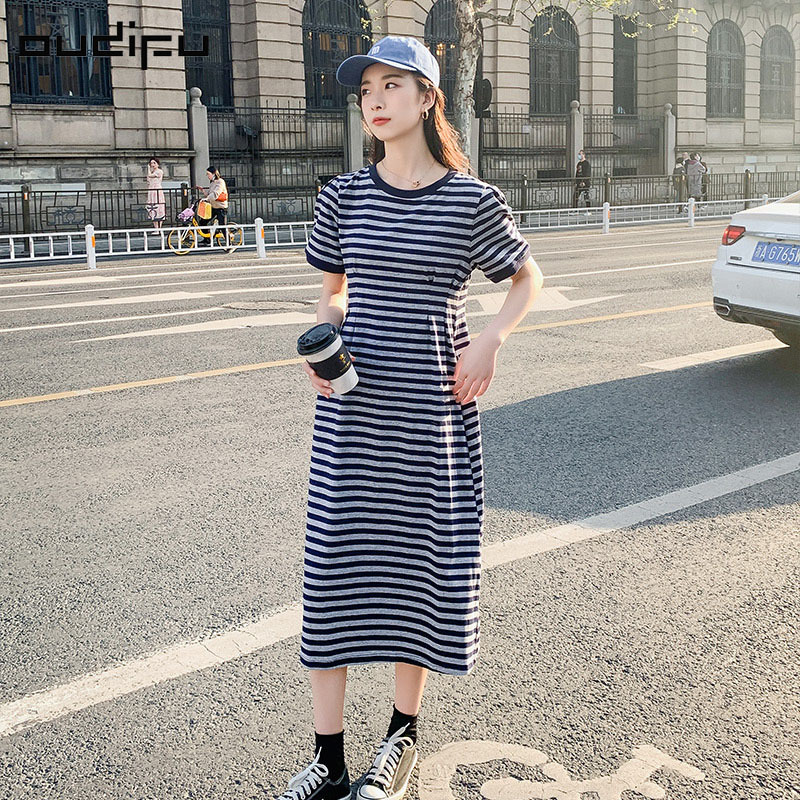 oudifu纯棉条纹连衣裙女夏季休闲显瘦收腰短袖t恤温柔风长裙