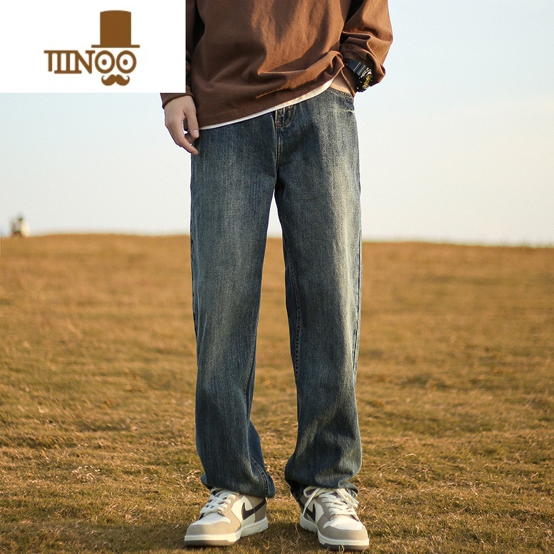 YANXU复古水洗牛仔裤男美式高街裤子潮牌宽松阔腿直筒裤裤子牌直高清大图