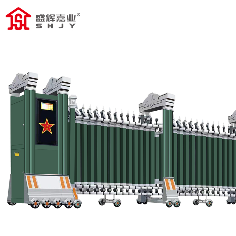 盛辉嘉业 电动伸缩门军绿色防冲击大门平移直线门单位分段收缩推拉工业门定制每米 军绿伸缩门7