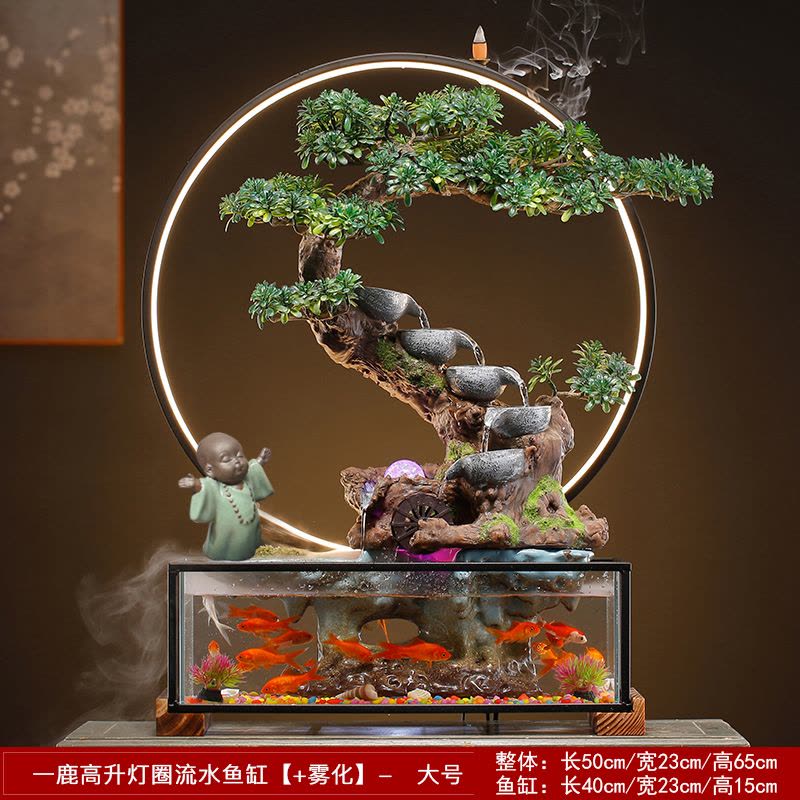 陶瓷流水生财玻璃鱼缸摆件客厅电视柜装饰轮办公开业乔迁礼品图片