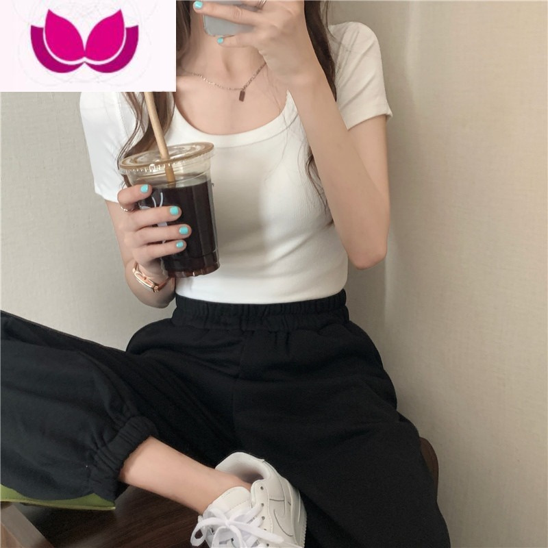 七斓白色正肩短袖t恤女夏季韩版紧身显瘦短款内搭打底露锁骨上衣