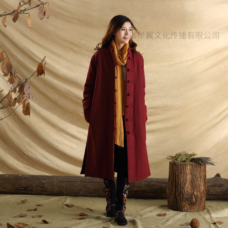 女式棉衣冬季新款民族风立领单排扣长款棉衣情侣棉服 XXL 暗红