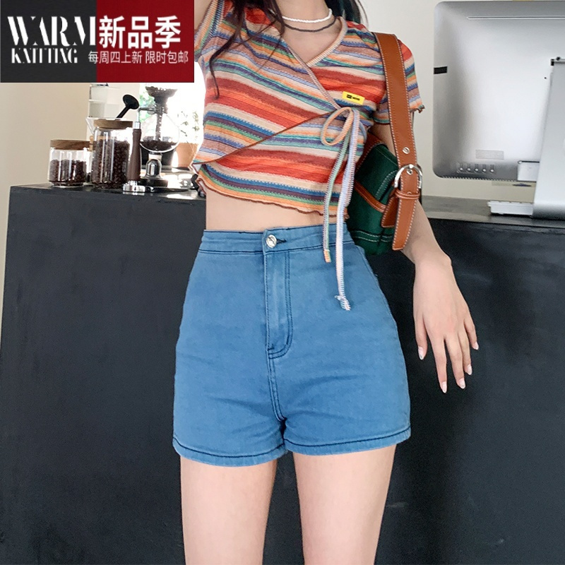 SHANCHAO高腰牛仔短裤女2023夏季新款休闲超弹热裤舒适辣妹紧身显瘦