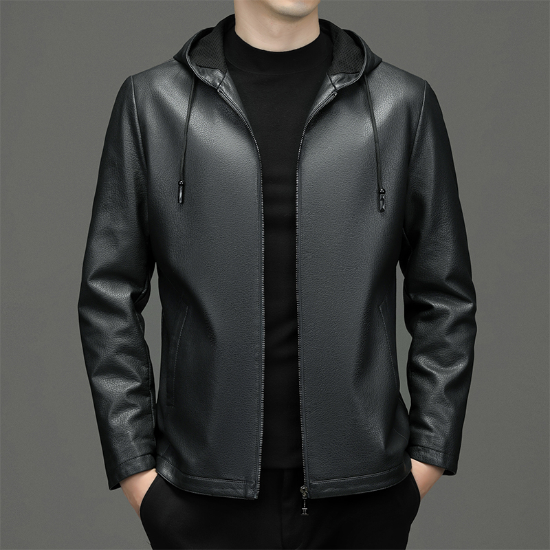 掉皮包换 2023年秋冬新款海宁山羊皮衣男真皮连帽韩版帅气机车皮夹克