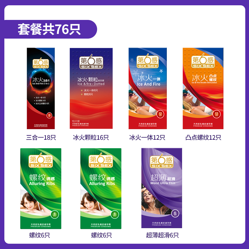 第六感旗舰店 76只装避孕套超薄款安全套冰火一体颗粒凸点螺纹情趣套男女成人用品夫妻套套